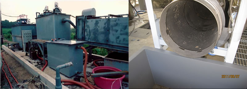 凝集剤溶液を自動で溶解・添加する自動溶解装置（左）汚泥と凝集剤を攪拌する凝集反応槽（中）多重円盤型脱水機（右）