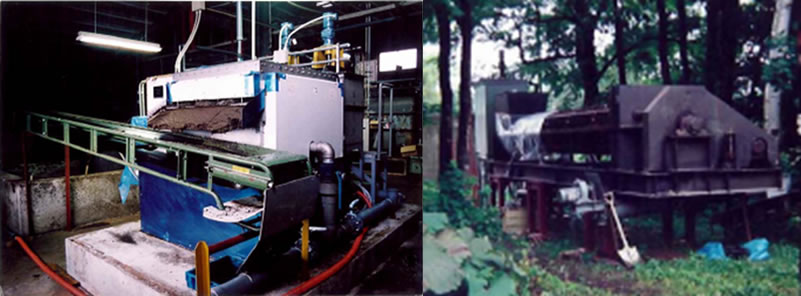 多重円盤型脱水機と自動搬送用ベルトコンベア（左）仮設用スクリュープレス汚泥脱水機（右）