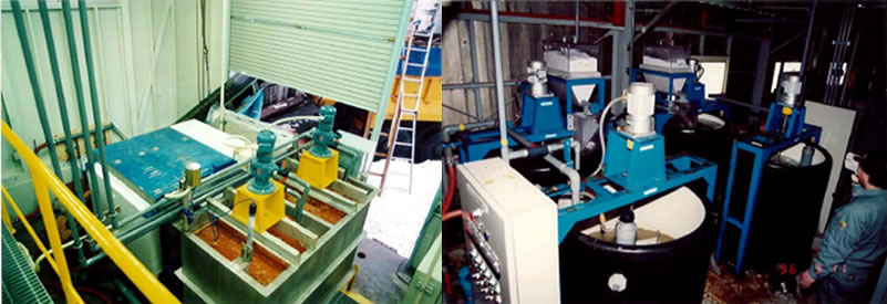 加圧浮上処理と中和処理（左）実験室排水の中和処理装置（右）