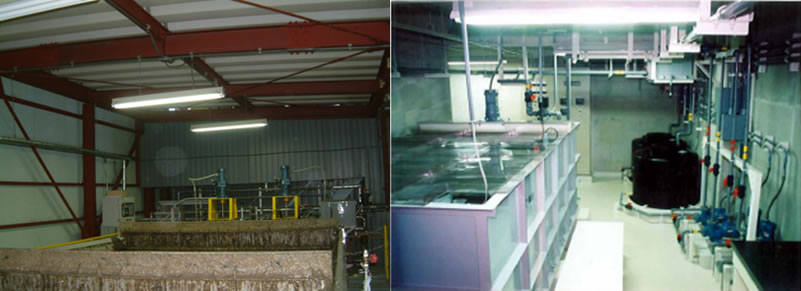 加圧浮上処理と中和処理（左）実験室排水の中和処理装置（右）